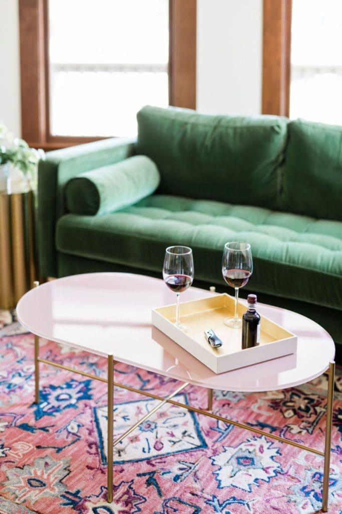 Coffee table tray and green sofa